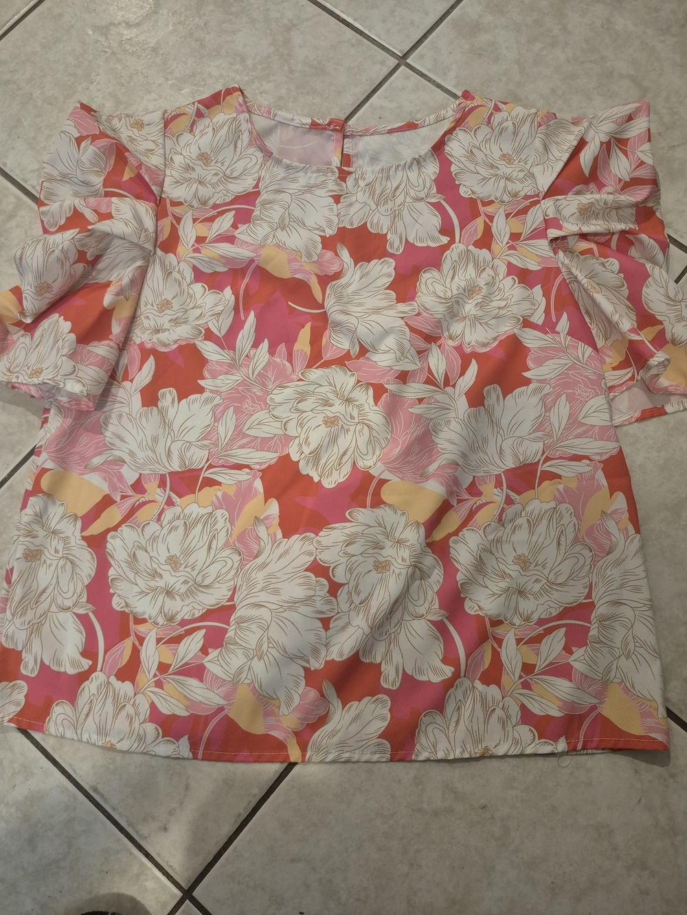 BOGO SHEIN Pink and Coral Floral Puff-Sleeve Blouse